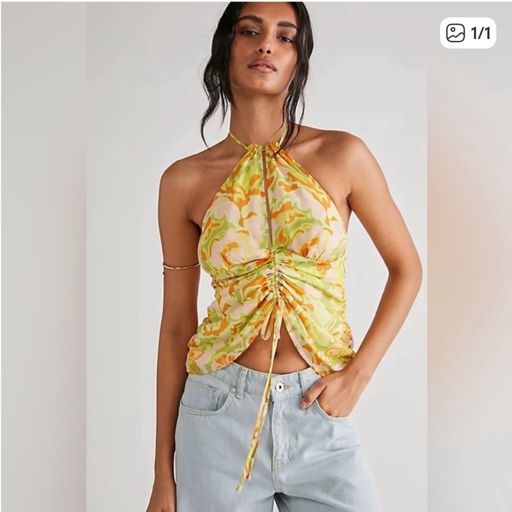 NWT Free People Kyle Printed Halter Top Smocked Citrus Groovy Retro 70s Festival